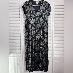 April Cornell Vintage Floral Velvet Short Sleeve Dress Black Cottagecore Medium